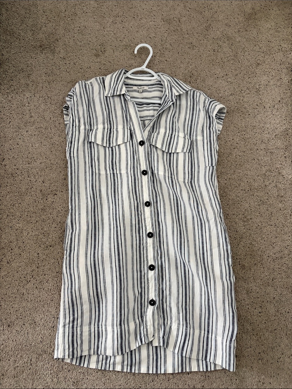 Madewell White and Navy Vertical Stripe Button-Front Midi Dress
